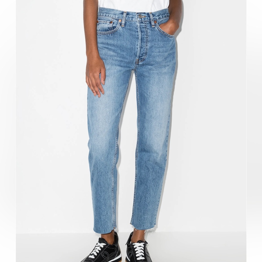 Re/Done Women's 70s Stove Pipe High-Rise Straight Jeans are Distressed Crop